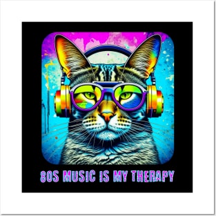 80s Music is my Therapy Neon Cat with Headphones Posters and Art